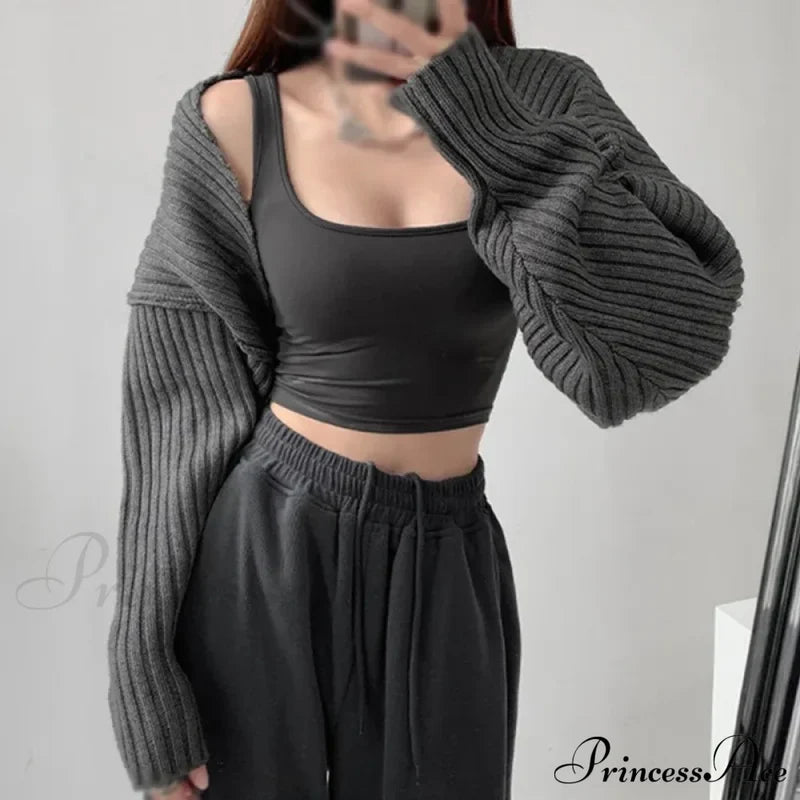 Open Front Solid Color Cropped Casual Bolero Shrug Cardigan Gray / One Size