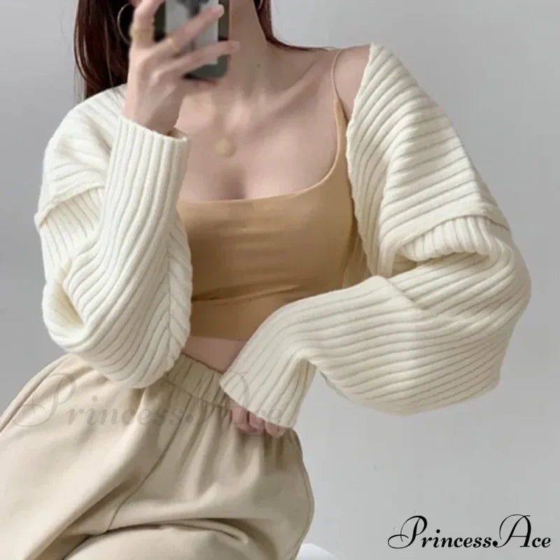 Open Front Solid Color Cropped Casual Bolero Shrug Cardigan White / One Size