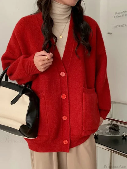 Oversized Preppy V-Neck Knitted Knit Cardigan Red / One Size cardiagn-250126