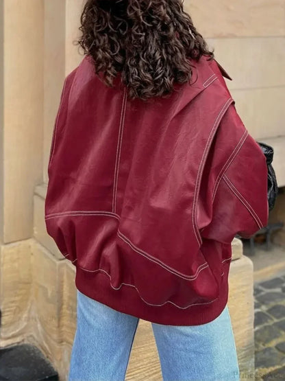 Patchwork PU Leather Short Coat Red / S
