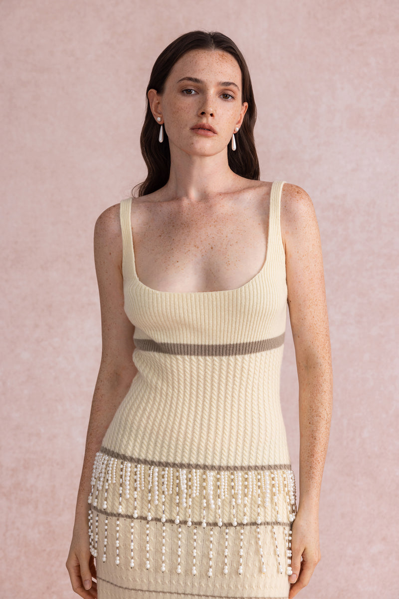 Pearl tassel wool dress