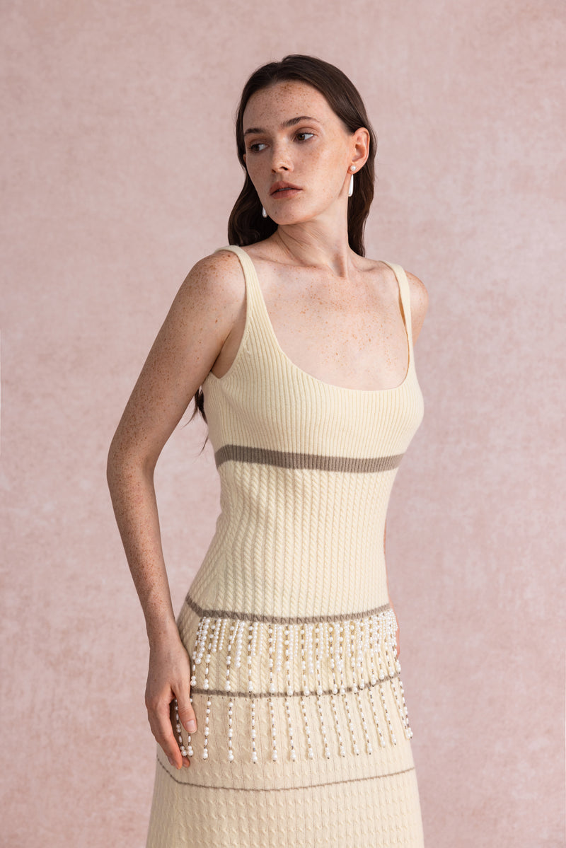 Pearl tassel wool dress
