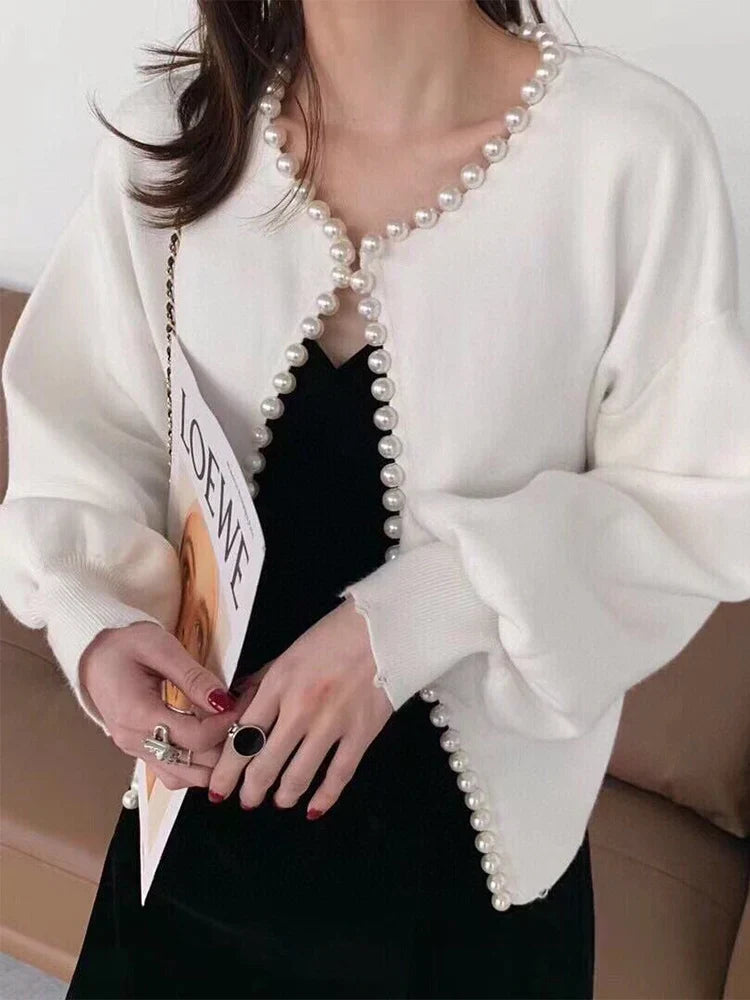 Pearl Trim O-Neck Knit Cardigan Cardigan-241208