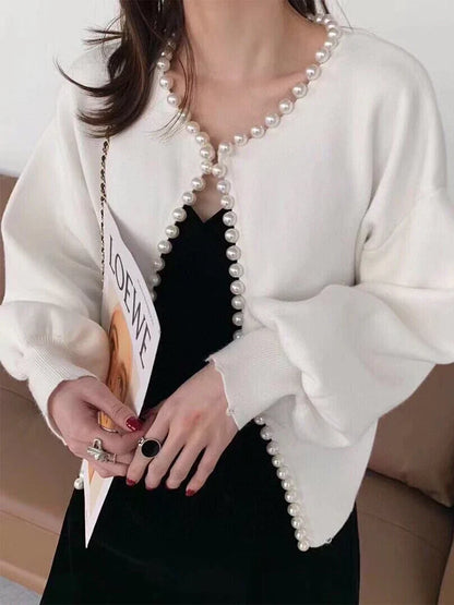 Pearl Trim O-Neck Knit Cardigan Cardigan-241208