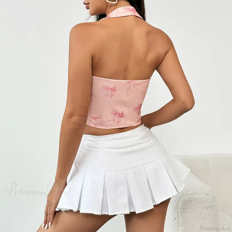 Pink Halter-neck Printed Bandage Sleeveless Crop Top croptop-250126