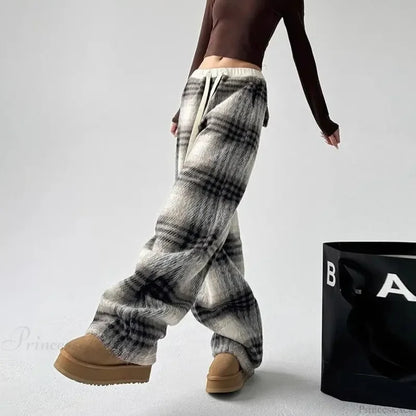 Plaid Fleece High Waist Casual Pants