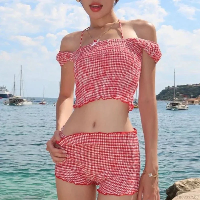 Plaid Matching Cropped Tank High Waist Shorts Two Pieces Set twopiecesset-250126