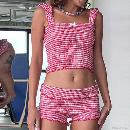 Plaid Matching Cropped Tank High Waist Shorts Two Pieces Set RED / S twopiecesset-250126