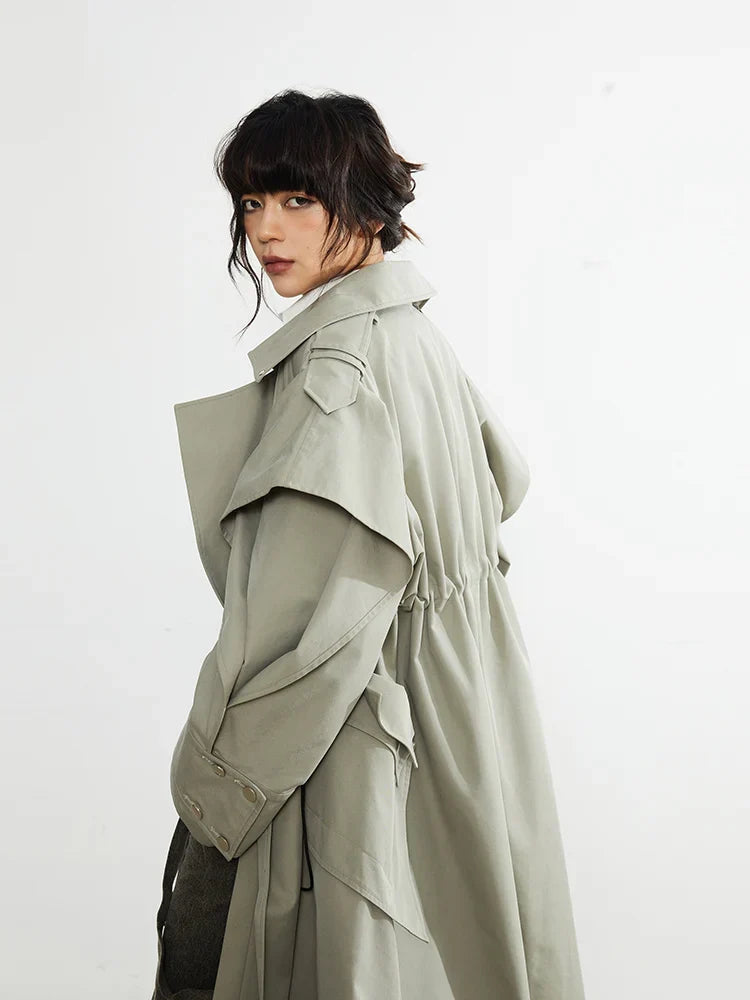 Plus Size Elegant Long Drawstring Waist Double Breasted Luxury Designer Stylish Coat