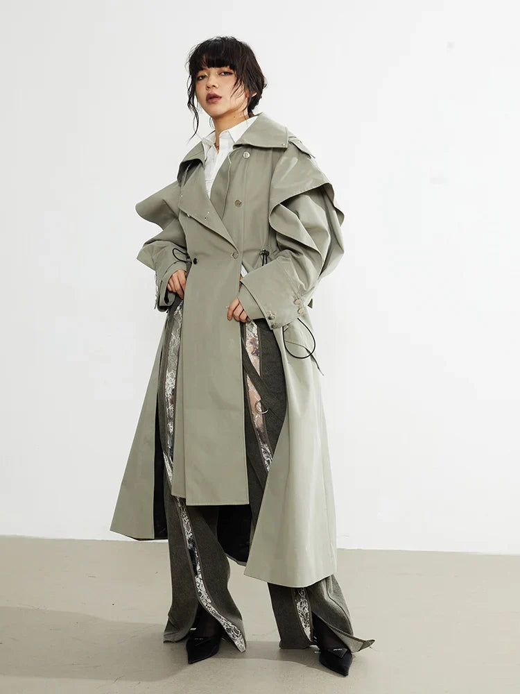 Plus Size Elegant Long Drawstring Waist Double Breasted Luxury Designer Stylish Coat