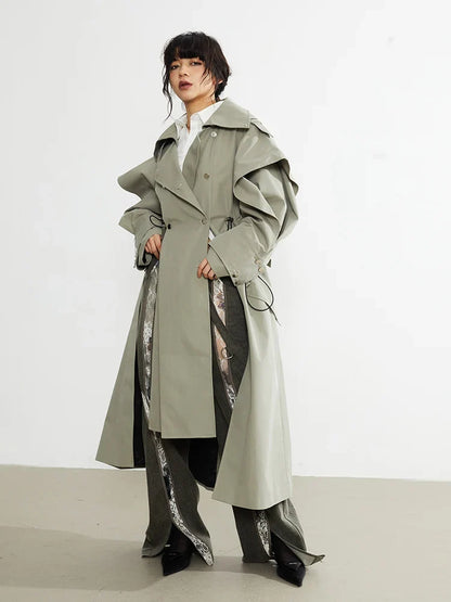 Plus Size Elegant Long Drawstring Waist Double Breasted Luxury Designer Stylish Coat