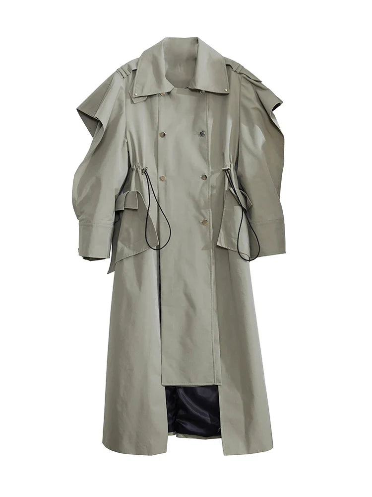 Plus Size Elegant Long Drawstring Waist Double Breasted Luxury Designer Stylish Coat