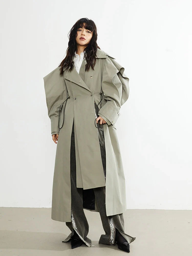 Plus Size Elegant Long Drawstring Waist Double Breasted Luxury Designer Stylish Coat