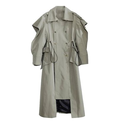 Plus Size Elegant Long Drawstring Waist Double Breasted Luxury Designer Stylish Coat