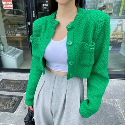 Pocket Cropped Solid O-Neck Knit Cardigan cardiagn-250126