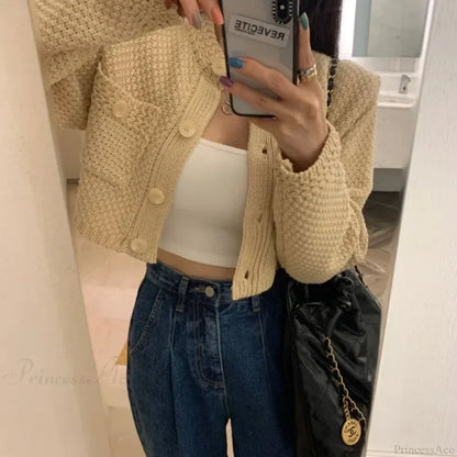 Pocket Cropped Solid O-Neck Knit Cardigan cardiagn-250126