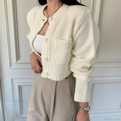 Pocket Cropped Solid O-Neck Knit Cardigan cardiagn-250126