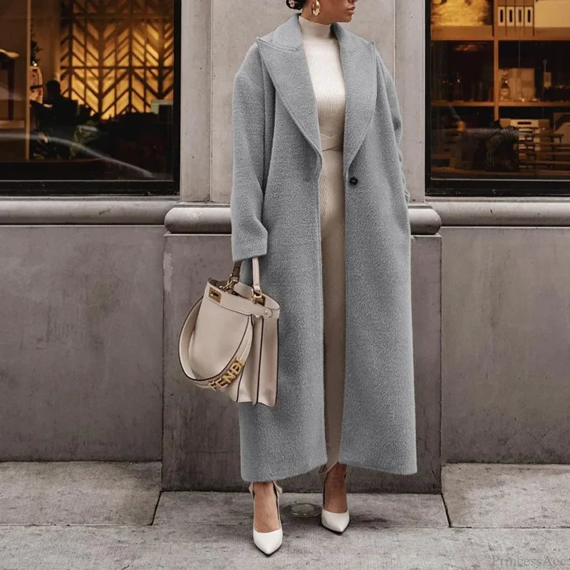 Polo Collar Plush Turn Collar Winter Overcoat Gray / S