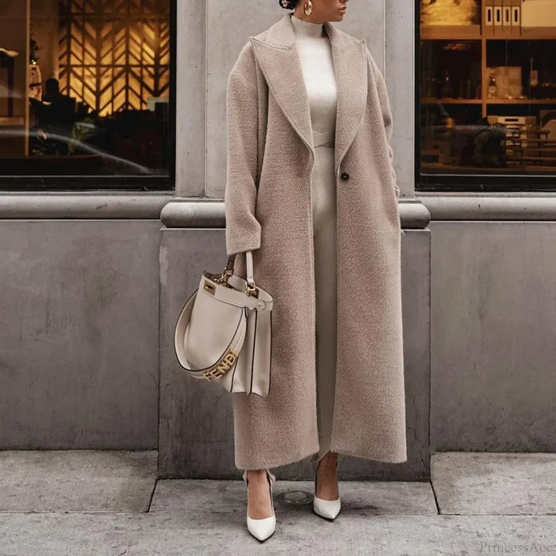 Polo Collar Plush Turn Collar Winter Overcoat Khaki / S