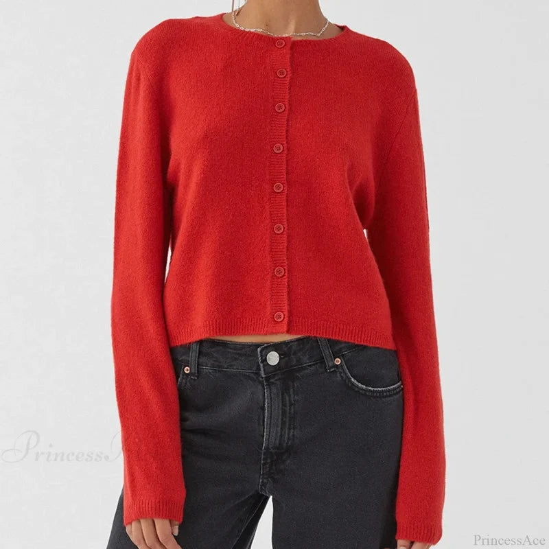 Preppy Crew Neck Button Up Front Cardigan Red / S cardiagn-250126