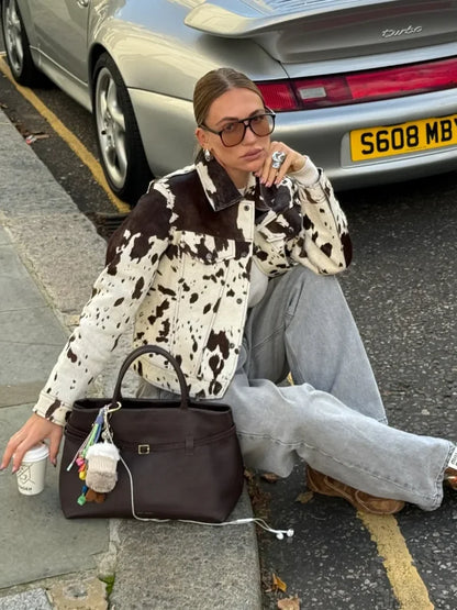 Printed Lapel Suede Coat