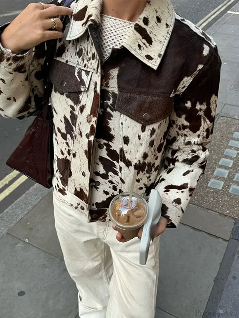 Printed Lapel Suede Coat Figure Color / S