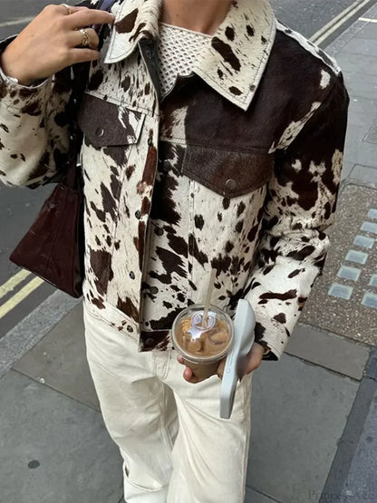 Printed Lapel Suede Coat Figure Color / S
