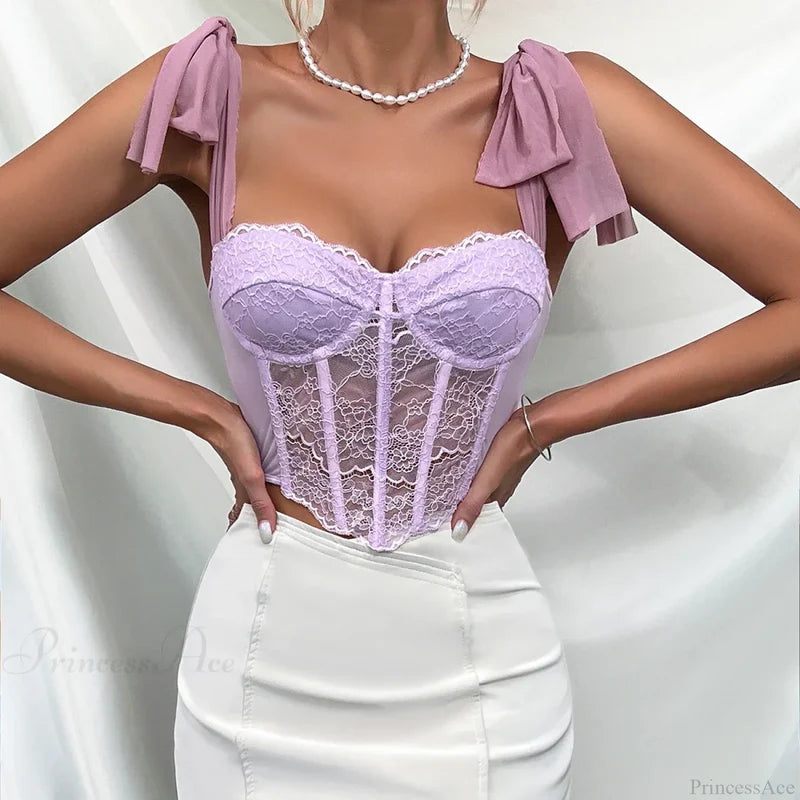 Purple Lace Bow Shoulder Strap Fishbone Crop Top croptop-250126