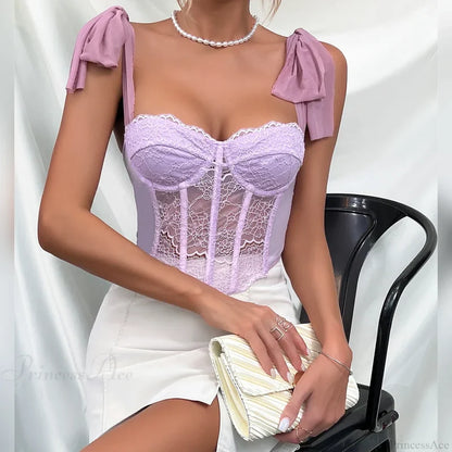 Purple Lace Bow Shoulder Strap Fishbone Crop Top croptop-250126