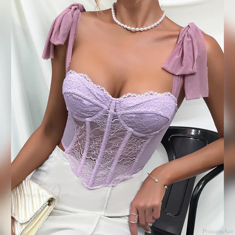 Purple Lace Bow Shoulder Strap Fishbone Crop Top croptop-250126