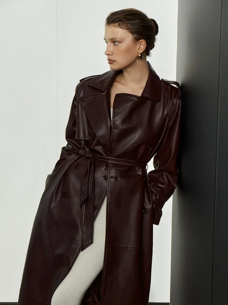 Red Lapel Leather Belted Coat Coats-241208