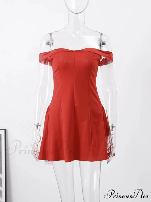 Red Christmas Party Dress - Off Shoulder Backless Pleated Zipper Dresses-L