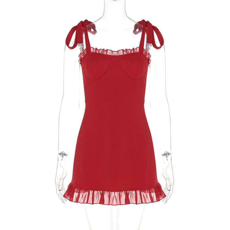 Red Ruffle Mini Bodycon Pleated Christmas Party Dress Dresses-L