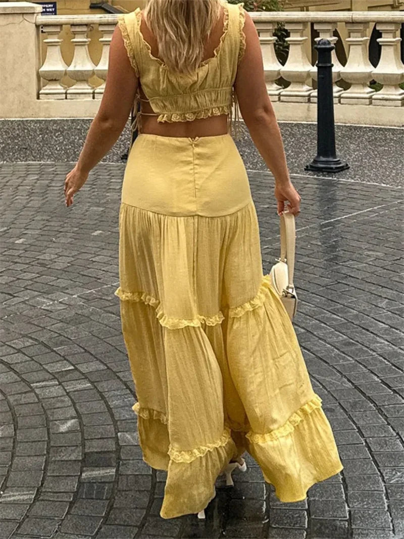 Retro Lace Trim Sleeveless Square Neck Tank Crop Top with Long Skirt Set twopiecesset-250126