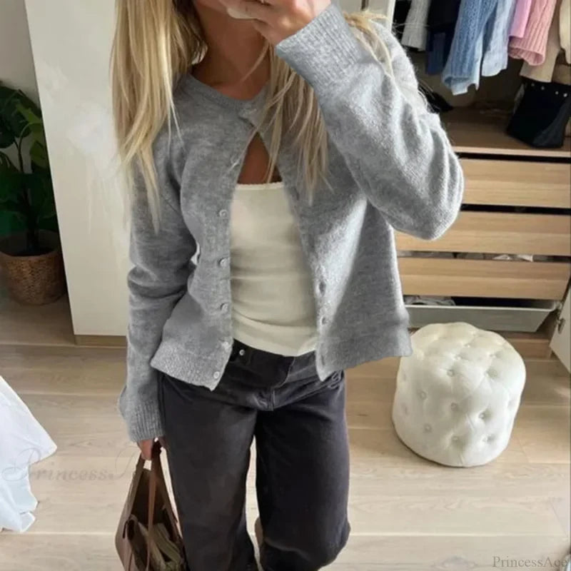 Retro Round Neck Long Sleeve Knit Cardigan Gray / S cardiagn-250126