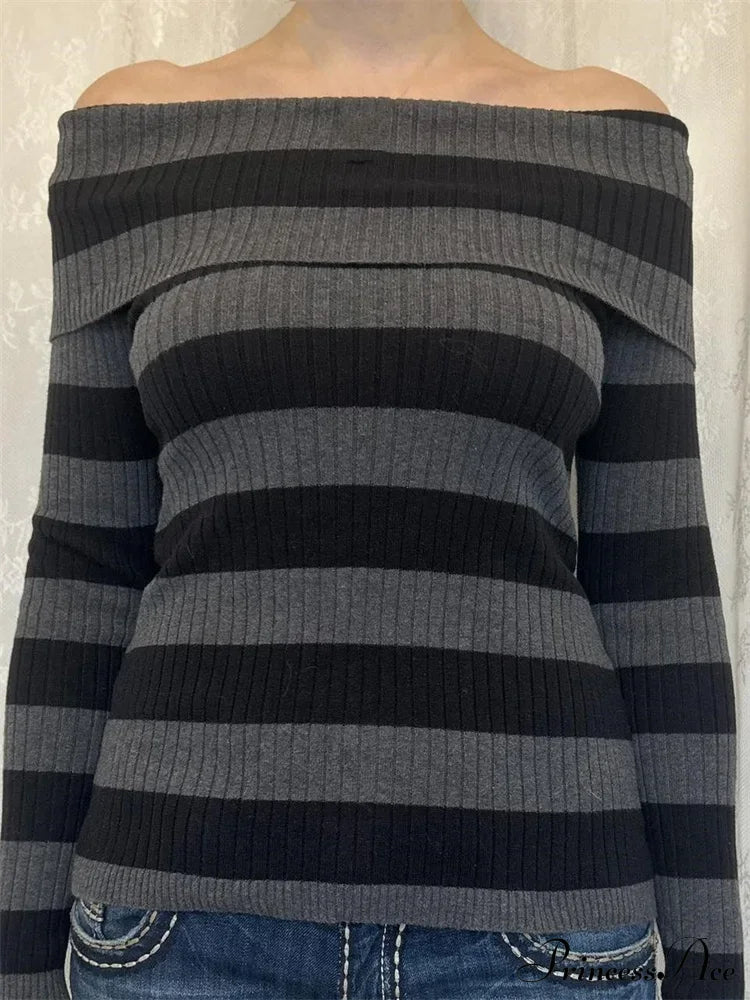 Retro Slash Neck Off Shoulder Ribbedlong Sleeve T-Shirts