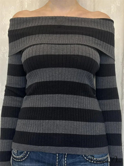 Retro Slash Neck Off Shoulder Ribbedlong Sleeve T-Shirts