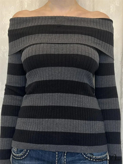 Retro Slash Neck Off Shoulder Ribbedlong Sleeve T-Shirts