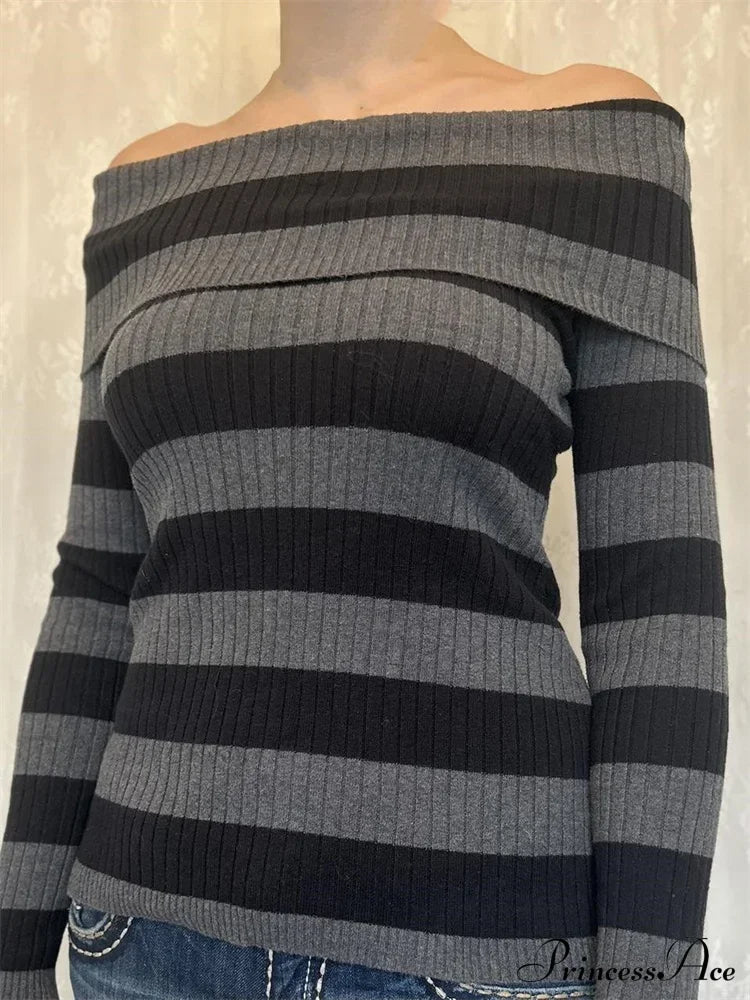 Retro Slash Neck Off Shoulder Ribbedlong Sleeve T-Shirts