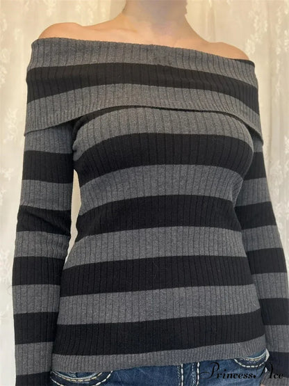 Retro Slash Neck Off Shoulder Ribbedlong Sleeve T-Shirts