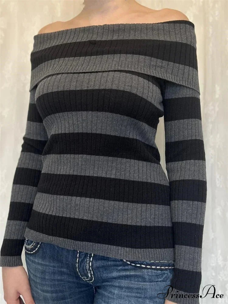 Retro Slash Neck Off Shoulder Ribbedlong Sleeve T-Shirts