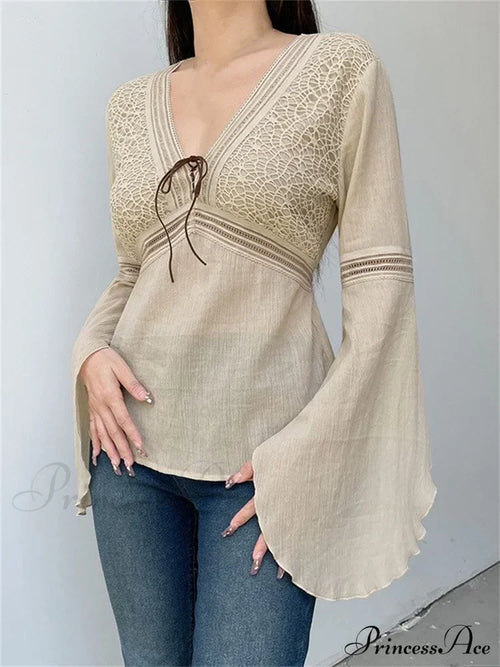 Retro Spring Autumn Y2K Fairycore V-Neck Long Flare Sleeve T-Shirts Beige / S