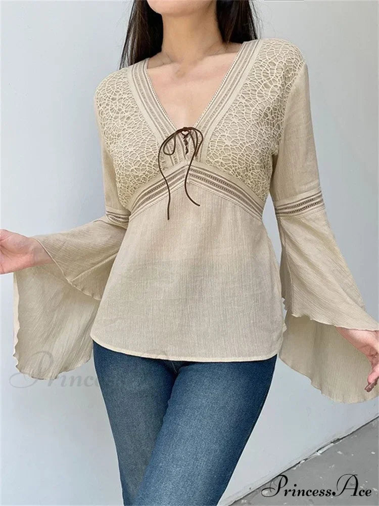 Retro Spring Autumn Y2K Fairycore V-Neck Long Flare Sleeve T-Shirts
