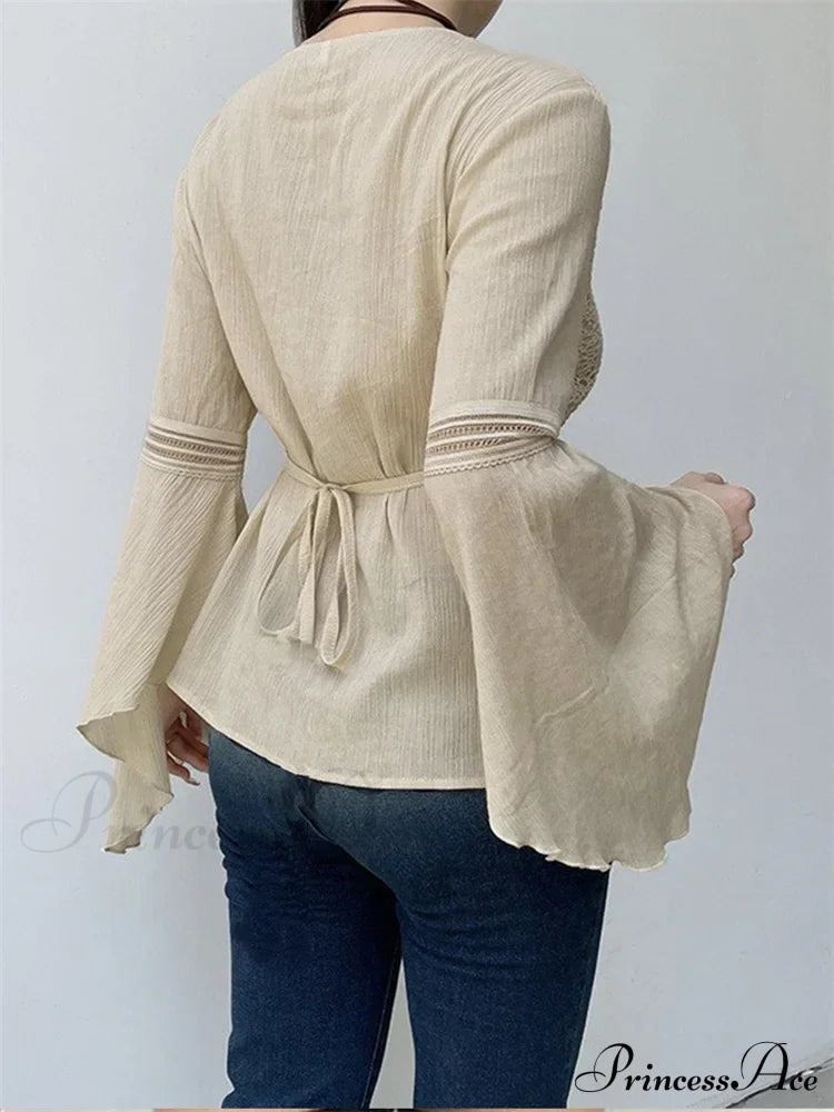 Retro Spring Autumn Y2K Fairycore V-Neck Long Flare Sleeve T-Shirts