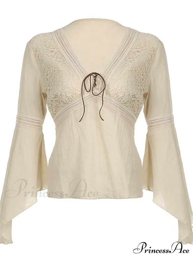 Retro Spring Autumn Y2K Fairycore V-Neck Long Flare Sleeve T-Shirts
