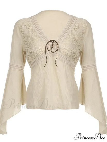 Retro Spring Autumn Y2K Fairycore V-Neck Long Flare Sleeve T-Shirts