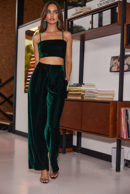 Rhea Emerald Velvet Crop Top styled in a complete look from an alternate angle.