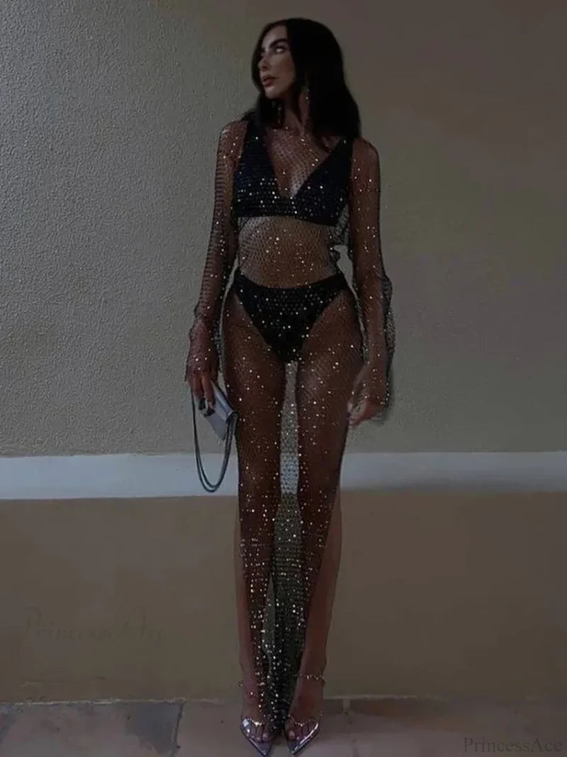 Rhinestone Fishnet Long Sleeve Party Dress Partydress-241208