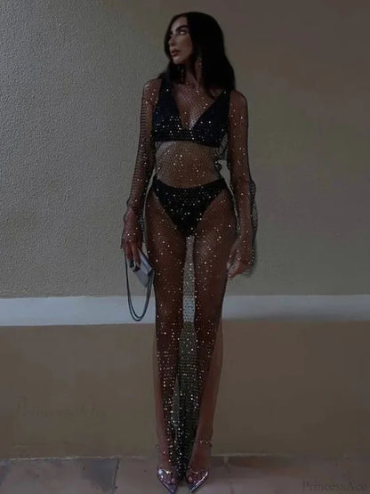 Rhinestone Fishnet Long Sleeve Party Dress Partydress-241208