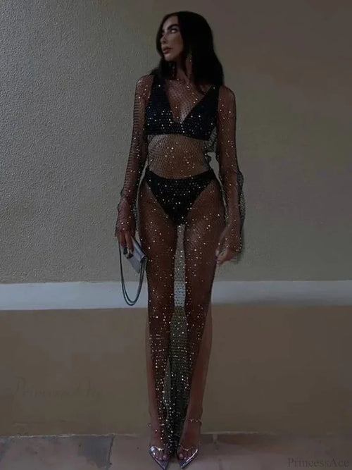 Rhinestone Fishnet Long Sleeve Party Dress Partydress-241208